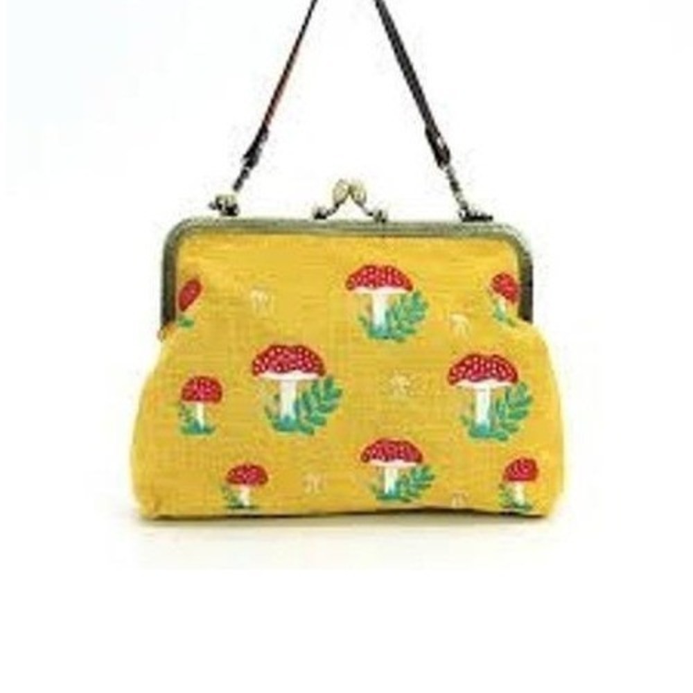 Mushroom Embroidered Kiss Lock Clutch Mustard Yellow Crossbody Wristlet Bag